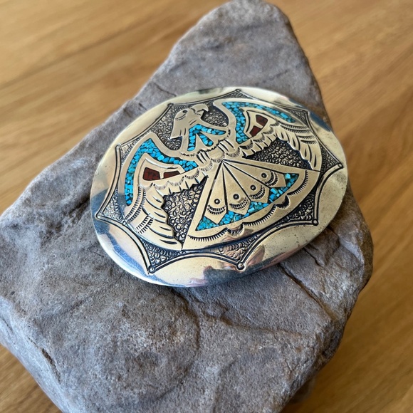 Vintage Thunderbird Belt Buckle Navajo Mosaic Turquoise Chip Jimmie J NEZZIE - Picture 7 of 11